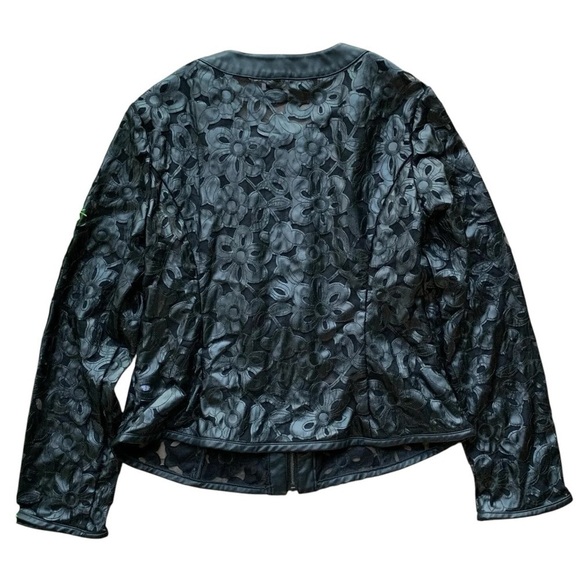 Pamela McCoy Collection Faux Leather Sheer Floral Zip Moto Jacket Black Size M - Picture 2 of 6